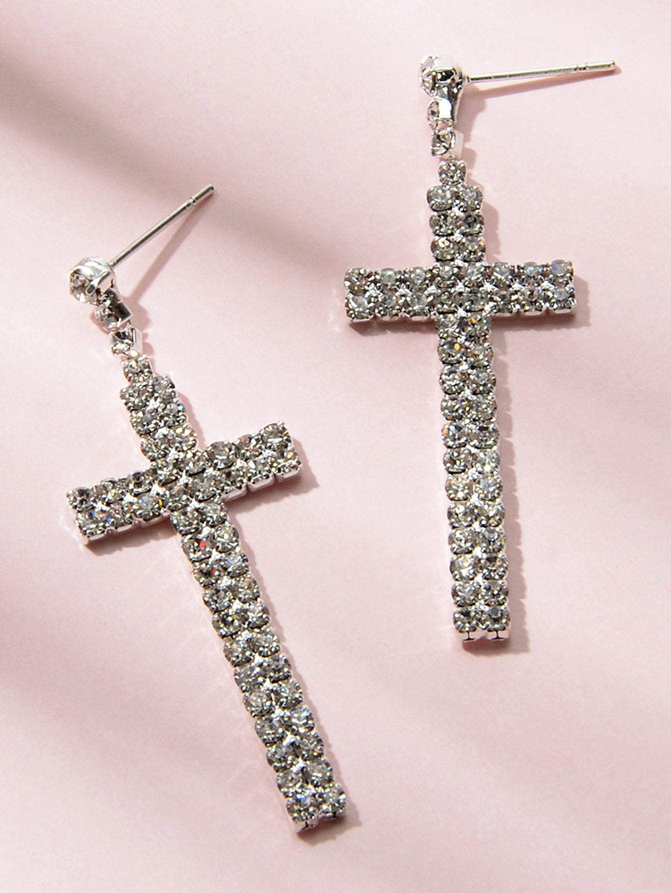 Female Jewellery Punk Shining Full Rhinestone Silver Cross Statement Earrings