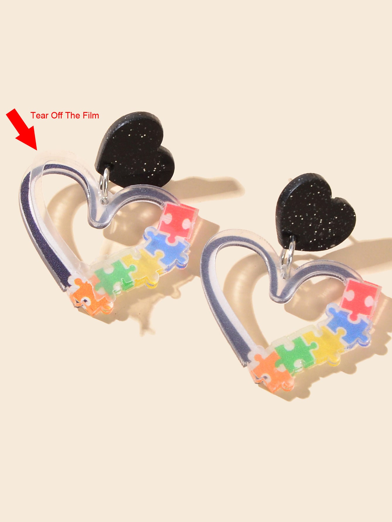 Cute Funny Female Jewellery Colourful Puzzle Acrylic Black Heart Dangle Earrings