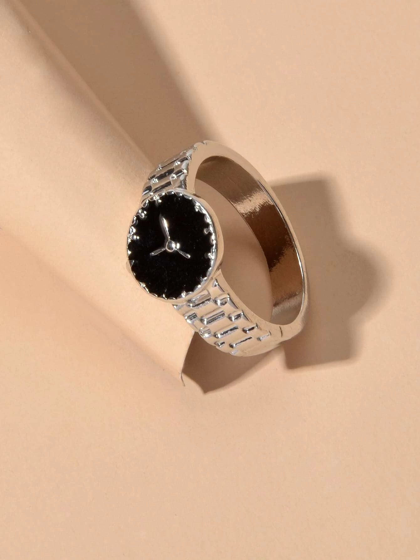 Black Enamel Watch Design Silver Fashion Women Cute Finger Ring Wholesale Price