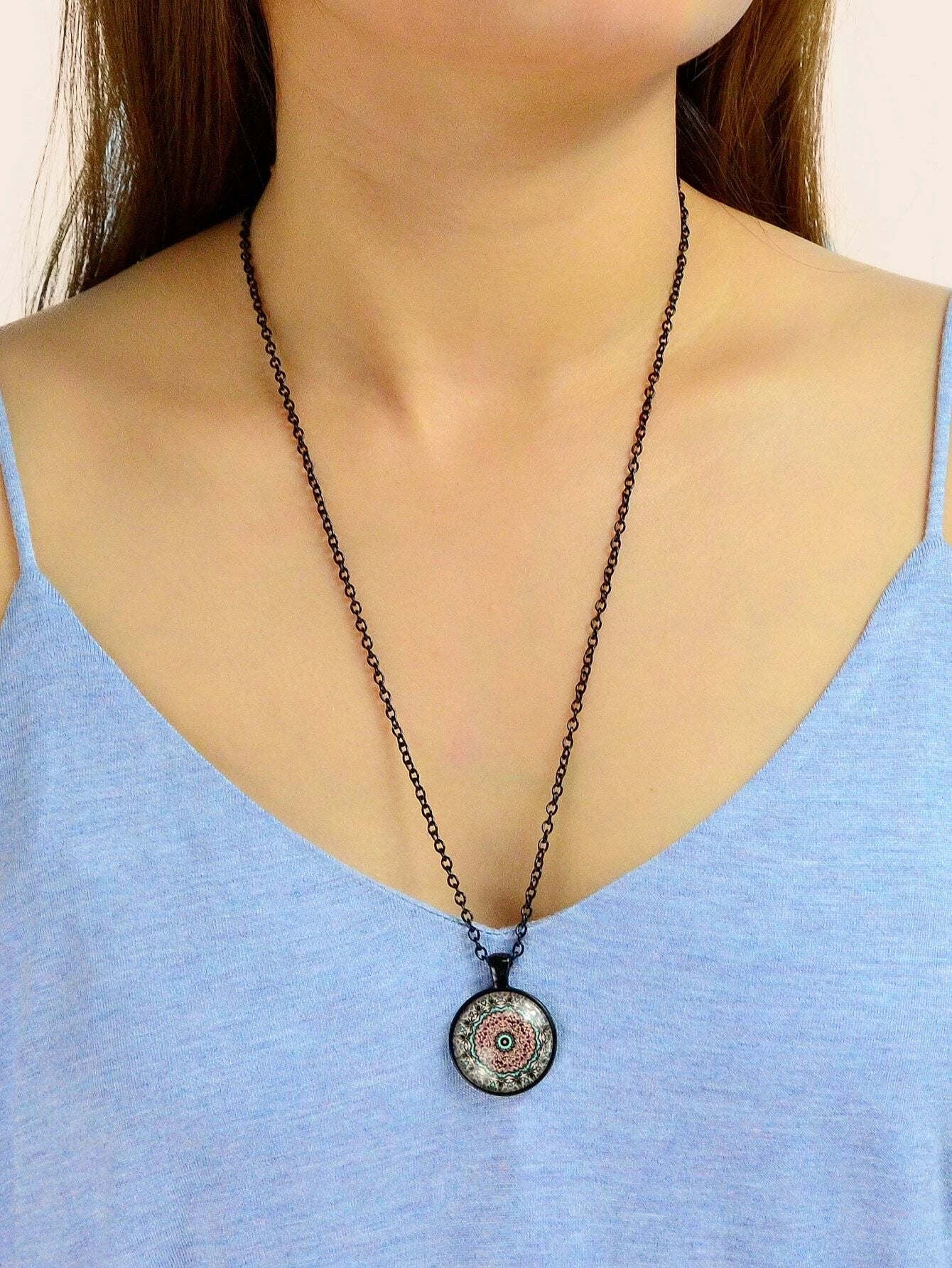 Retro Jewellery Ethnic Black Chain Geometric Mandala Round Pendant Boho Necklace