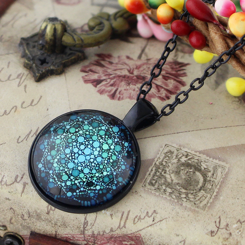 Gothic Black Chain Geometric Pattern Acrylic Round Ball Pendant Ethnic Necklace