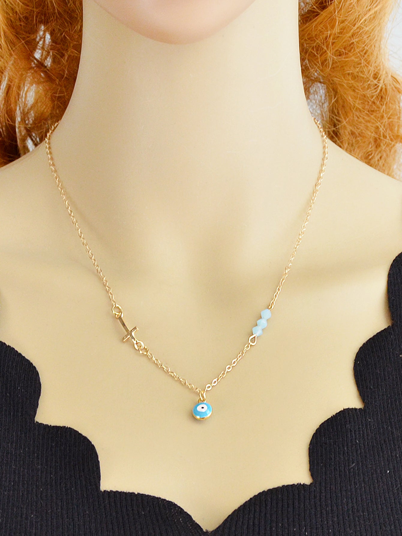 Boho Chic Chain Blue Beads Cross Round Eye Charm Necklace Girls Ethnic Jewellery