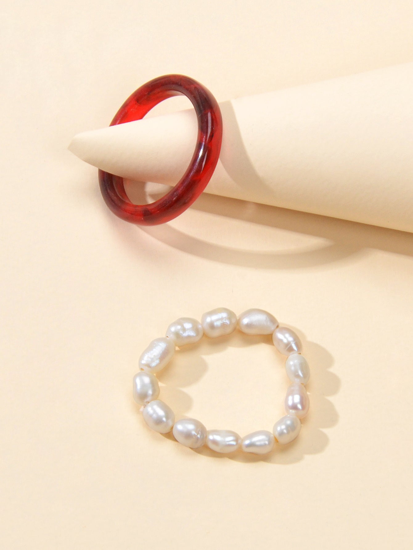 Feelontop 2pcs Pearl Elastic Retro Green Red Acrylic Ring New Women Accessories