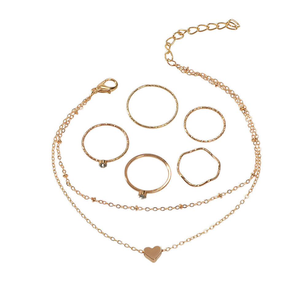 Multi-layer Gold Chain Love Heart Charm Anklet Knuckle Curved Multiple Rings set