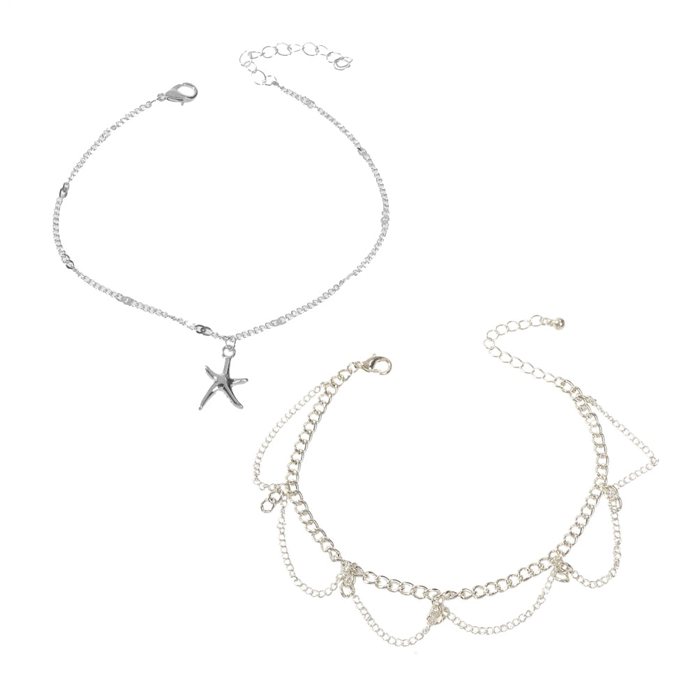 2pcs Fashion Foot Beach Jewellery Silver Chain Tassel Starfish Charm Anklet Gift