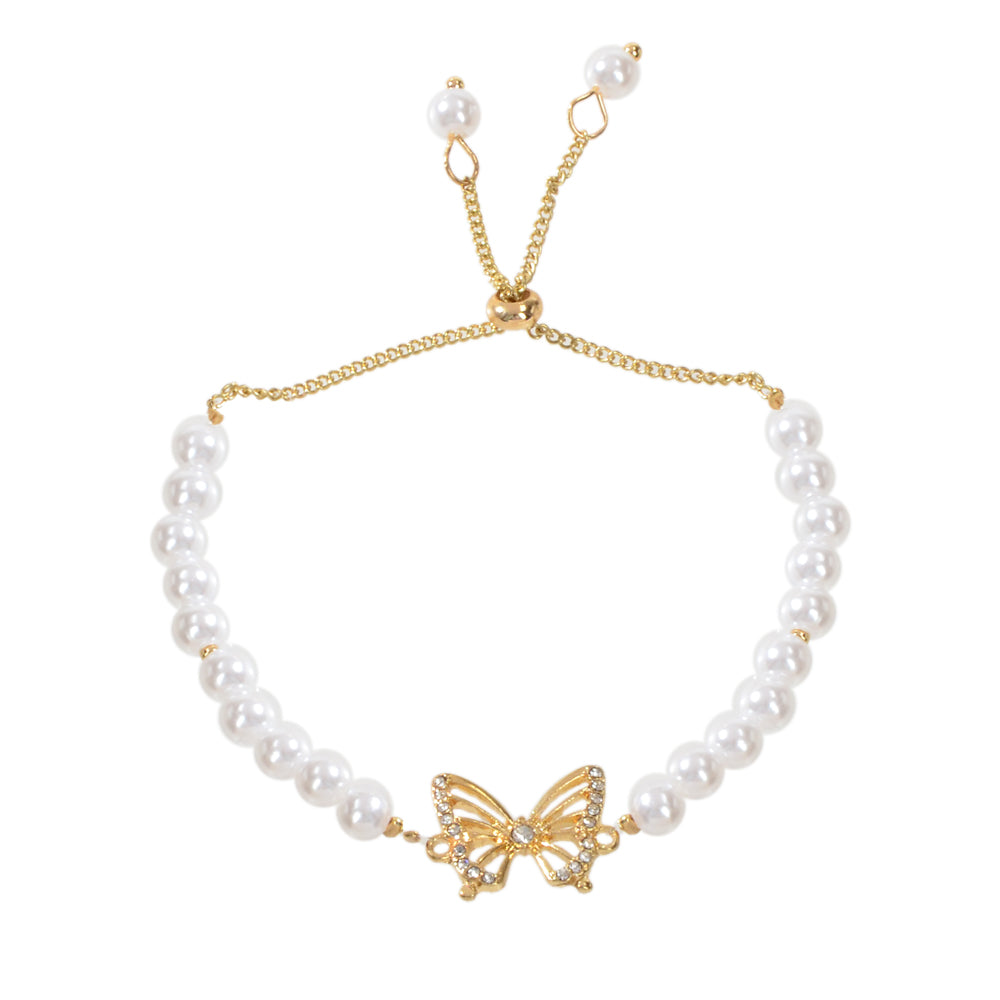 Fashion Jewellery Rhinestone Butterfly Charm Pearl Sliding Adjustable Bracelet