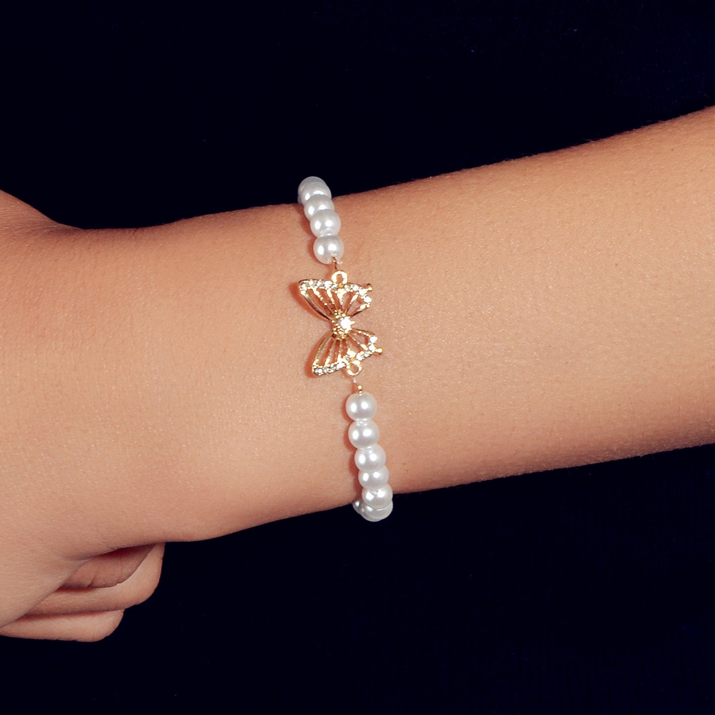 Fashion Jewellery Rhinestone Butterfly Charm Pearl Sliding Adjustable Bracelet