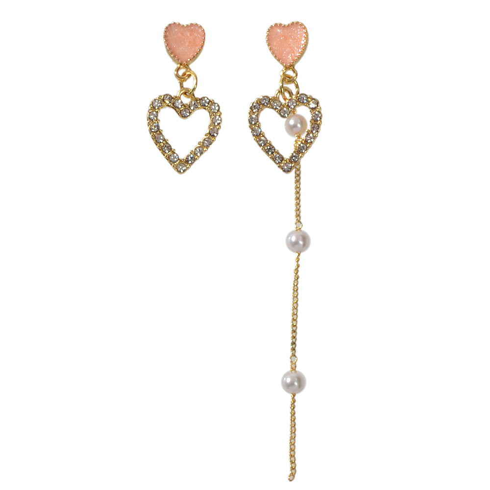 Perfect Engagement Gift Pearl Rhinestone Pink Love Heart Asymmetric Drop Earring