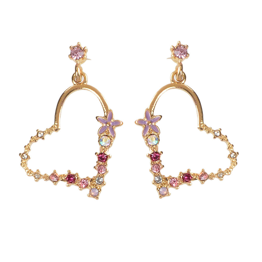 Good Quality Rhinestone Flower Gold Heart Drop Earrings Girl Fashion Accessories