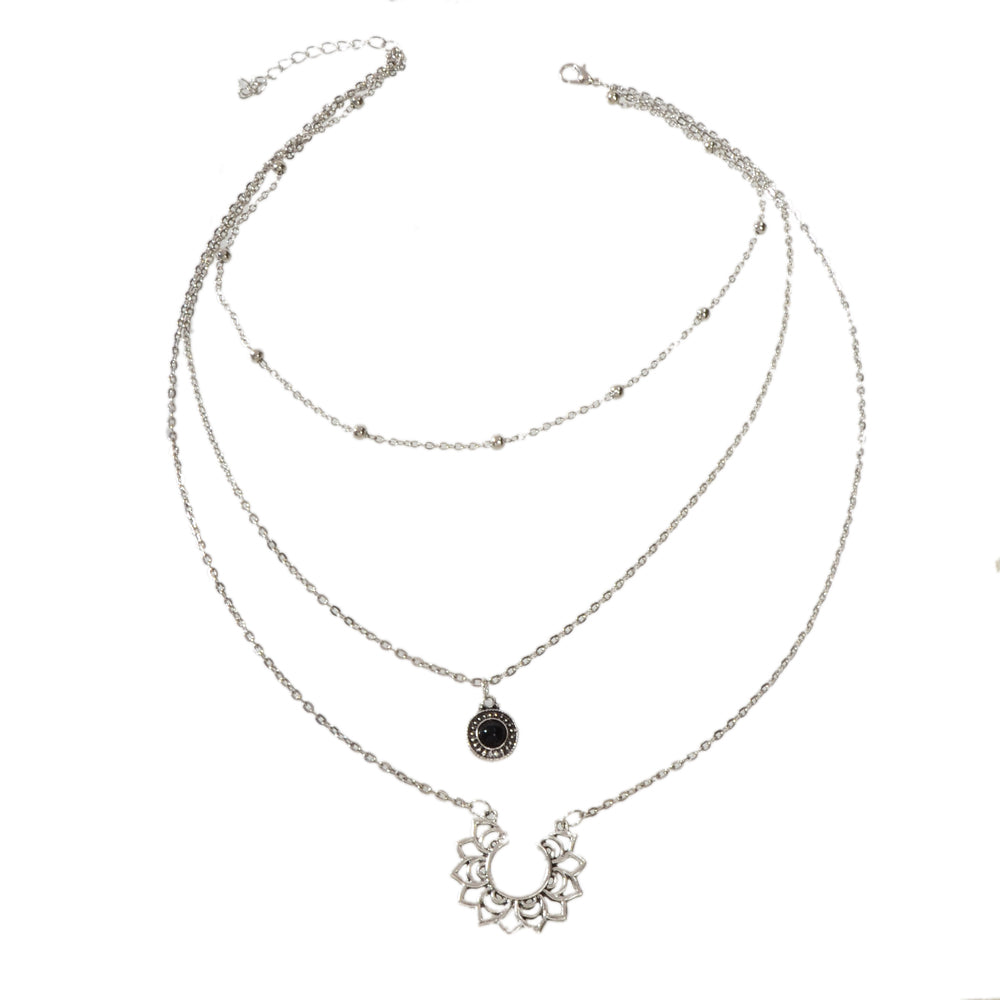 Tribal Ethnic Silver Multi-layer Chain Black Beads Geometric Pendant Necklace