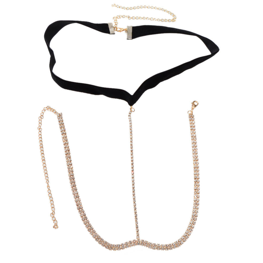 1pc Sexy Body Jewelry Gold Chain Crystal Black Velvet Bikini Stretchy Leg Chain