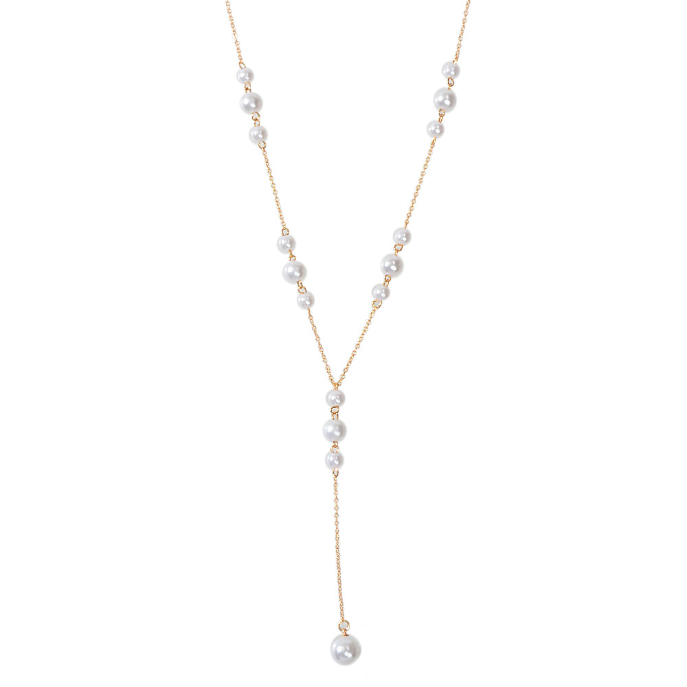 Pearl Decoration Long Gold Chain Y Shape Pendant Clavicle Necklace Teens Collar