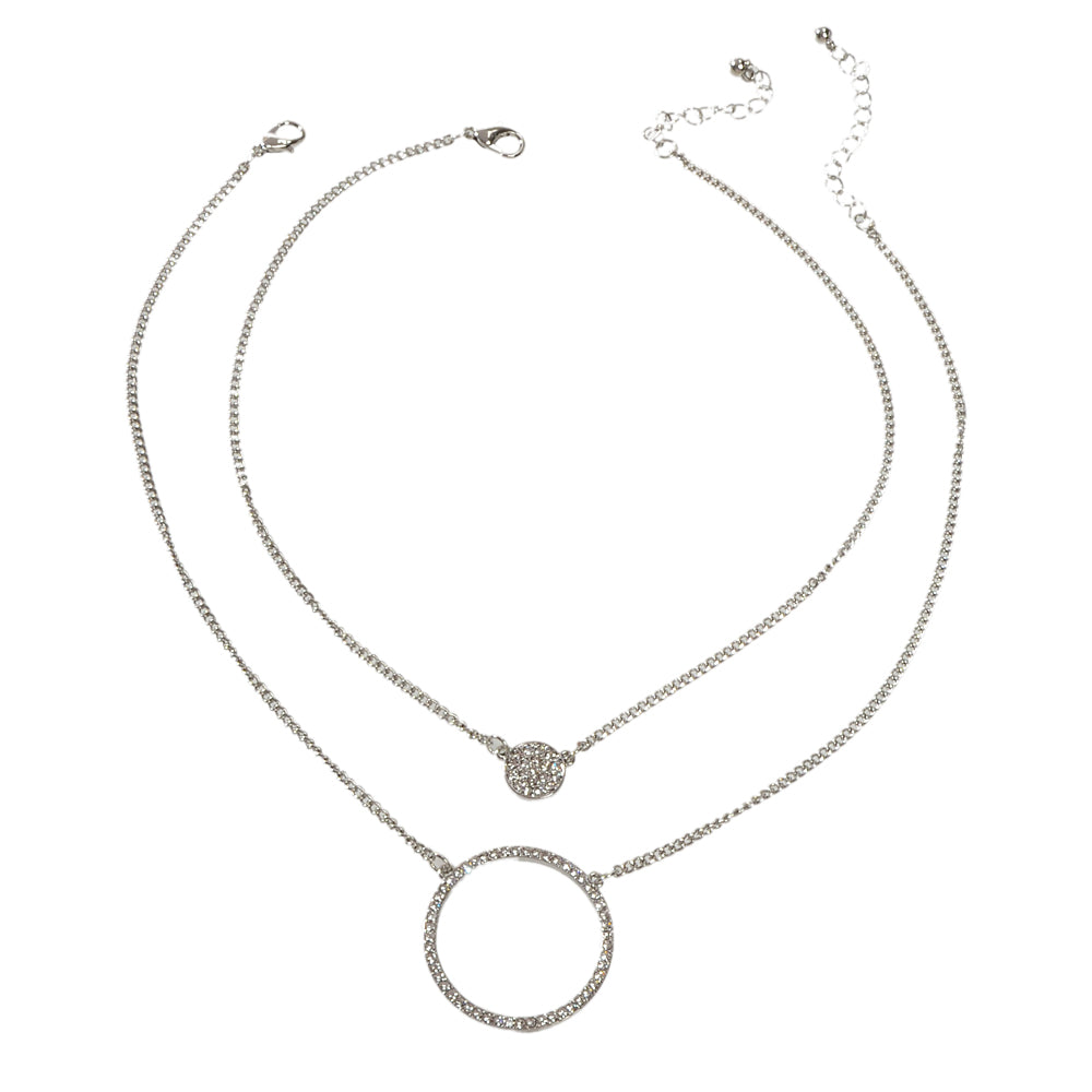 2 pcs Gold Silver Chain Rhinestone Round Circle Pendant Necklace Jewellery Gift
