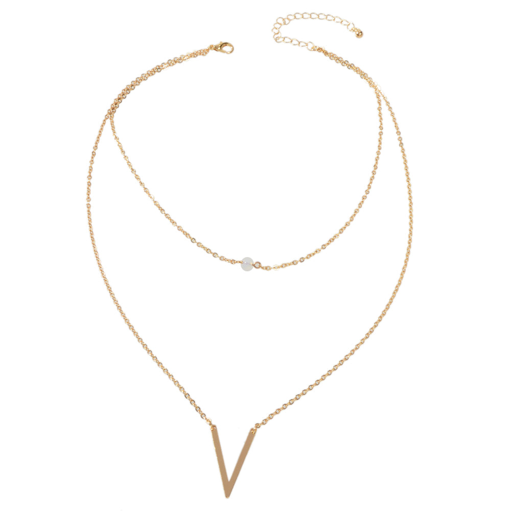 Double layer Gold Chain Letter V Shape Geometric Pendant Necklace Jewellery Gift