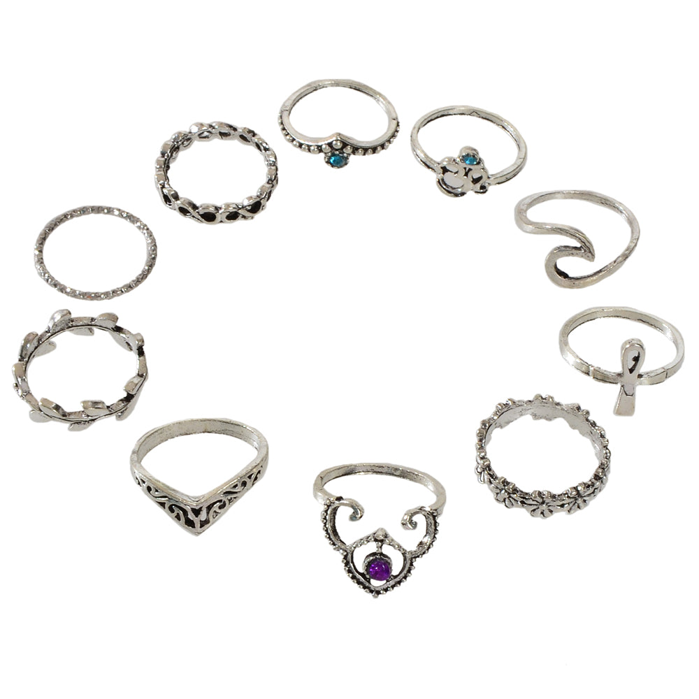 Multiple 10 pcs Antqiue Leaf Flower Geometric Stackable Midi Knuckle Rings set