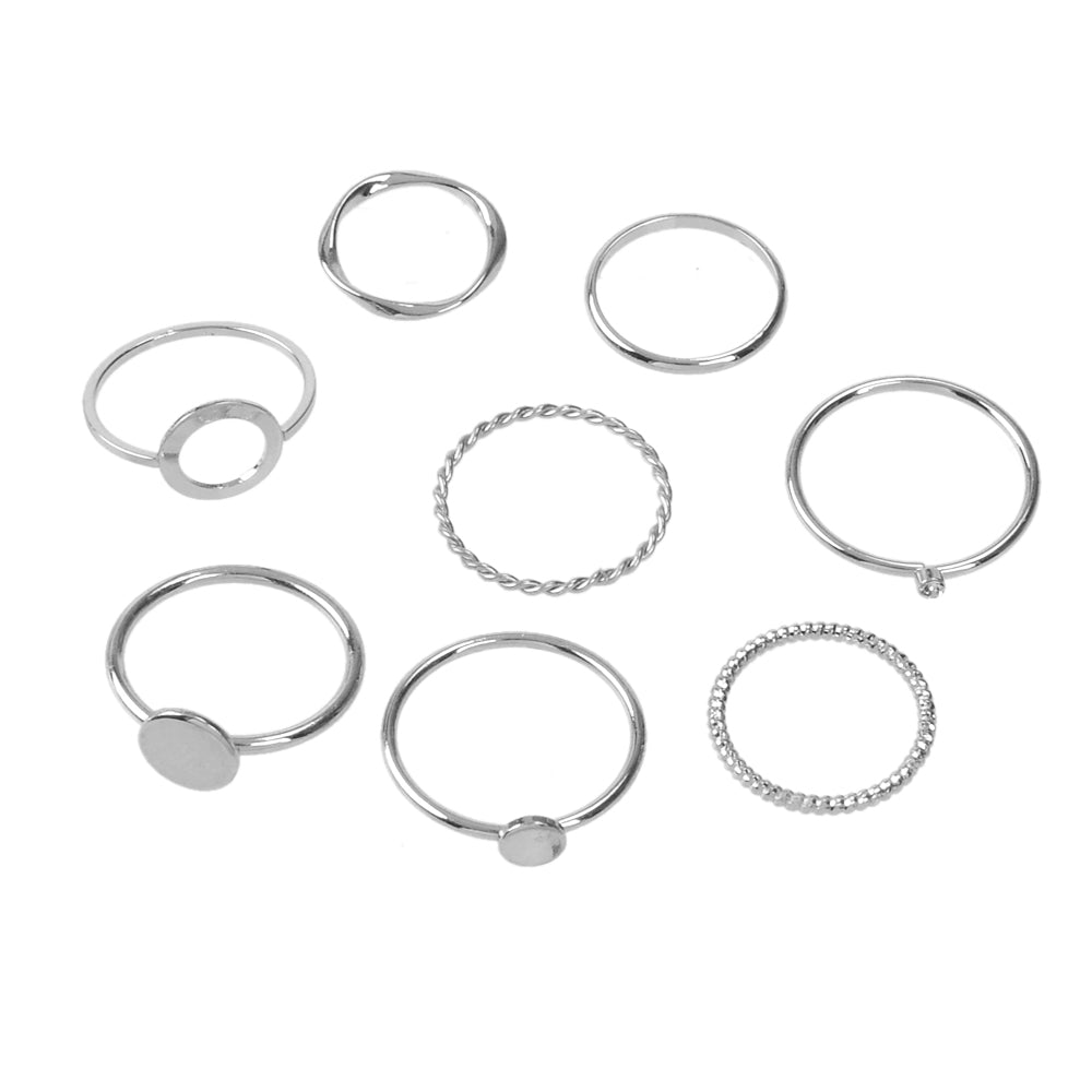 8 pcs Simple Geometric Rhinestone Disc Knuckle Multiple Finger Rings Bulk Pack