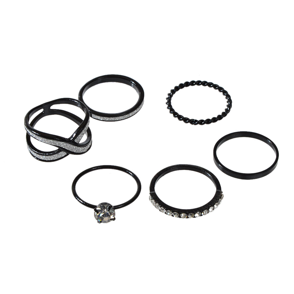6pcs Stackable Rhinestone Black Midi Finger Knuckle Rings set Wedding Party Wear