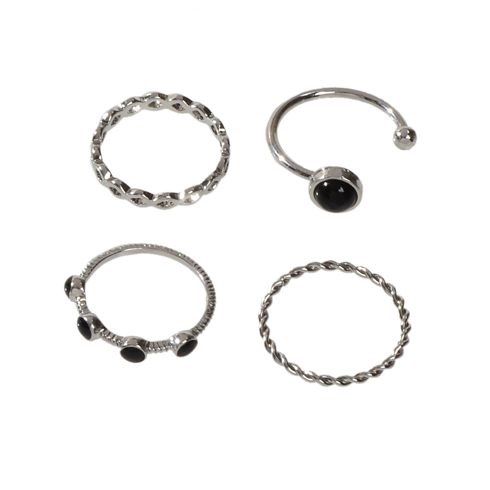4 pcs Black Enamel Beads Silver Midi Finger Knuckle Multiple Rings set Bulk Pack