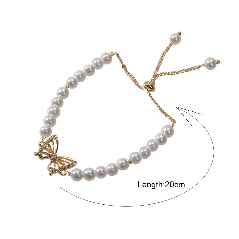 Fashion Jewellery Rhinestone Butterfly Charm Pearl Sliding Adjustable Bracelet