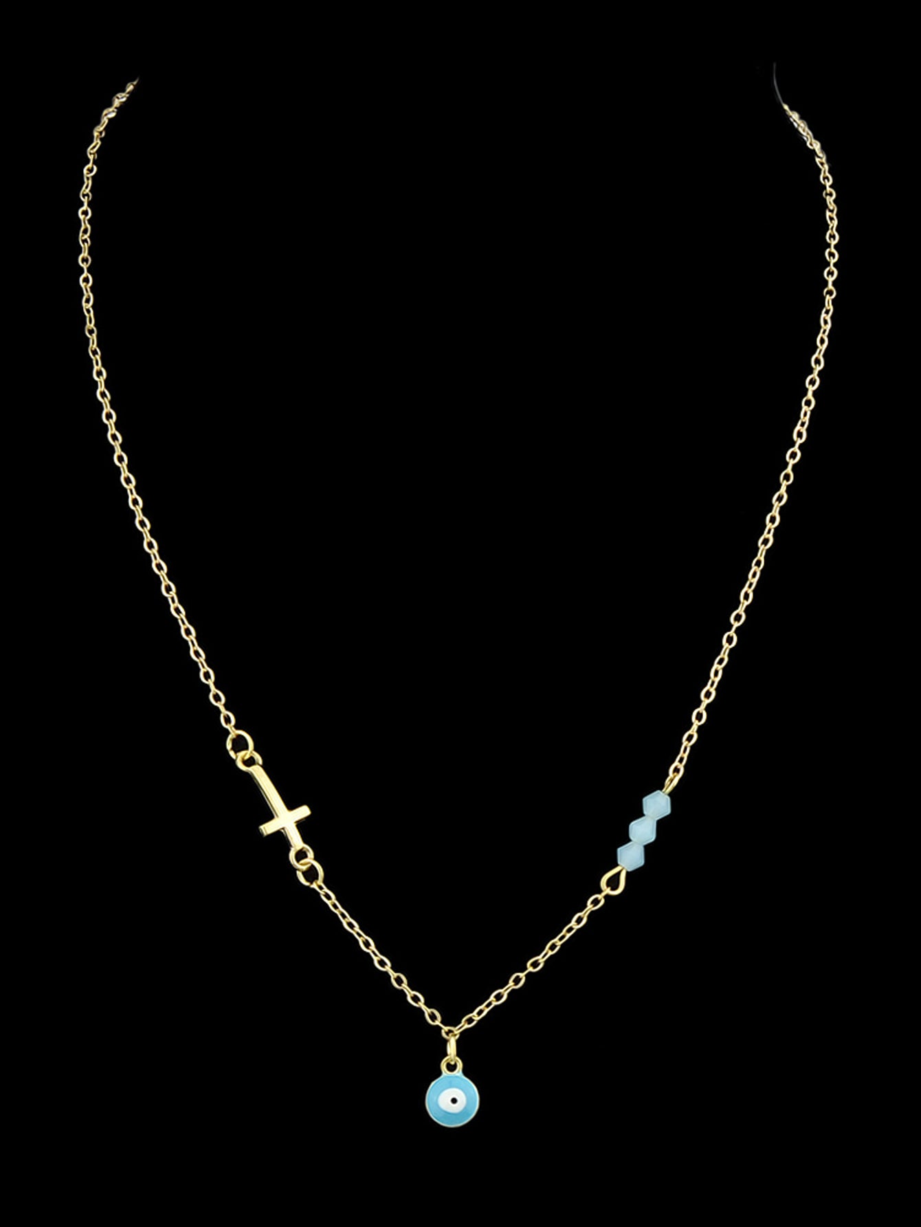 Boho Chic Chain Blue Beads Cross Round Eye Charm Necklace Girls Ethnic Jewellery