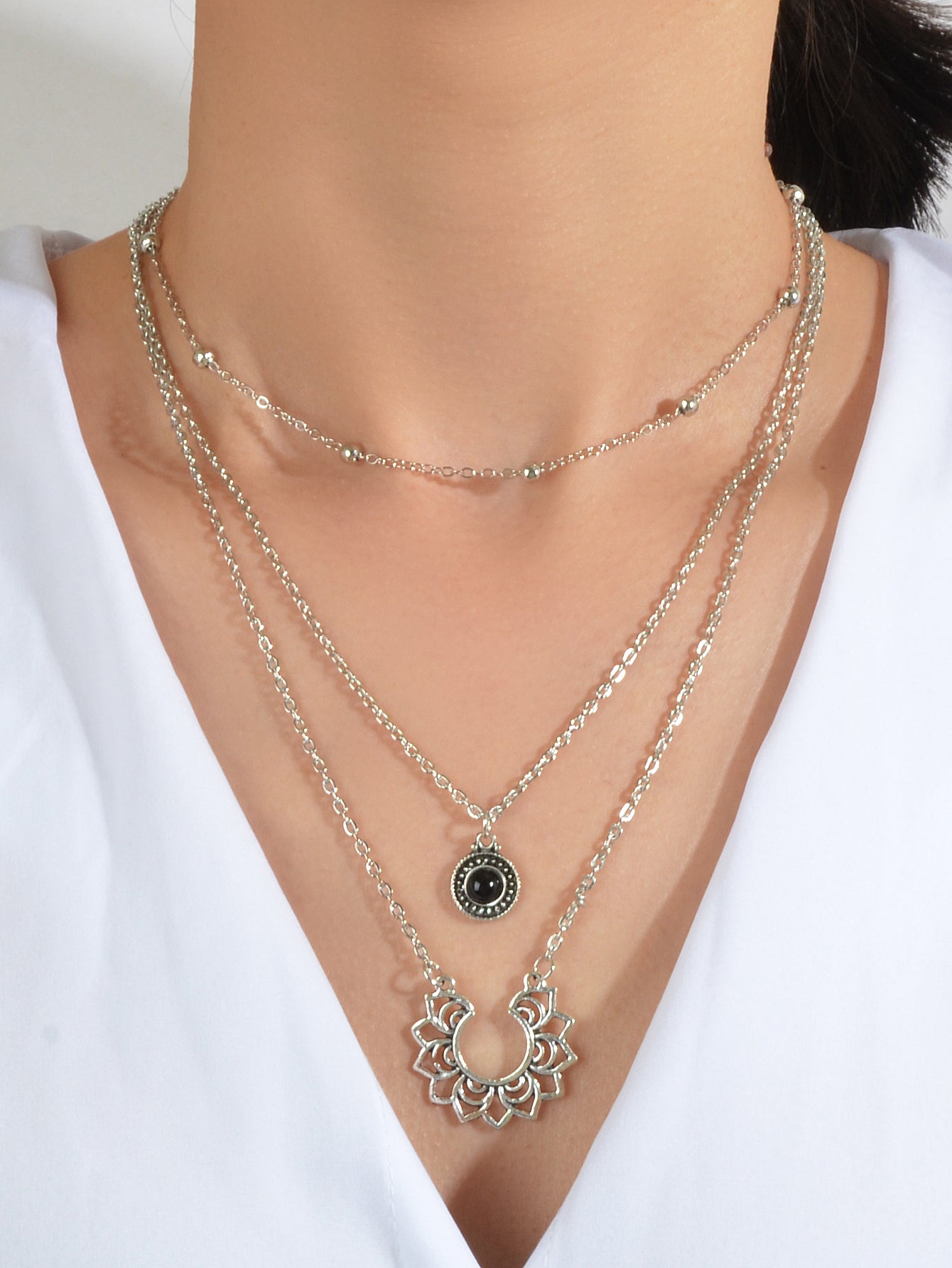Tribal Ethnic Silver Multi-layer Chain Black Beads Geometric Pendant Necklace