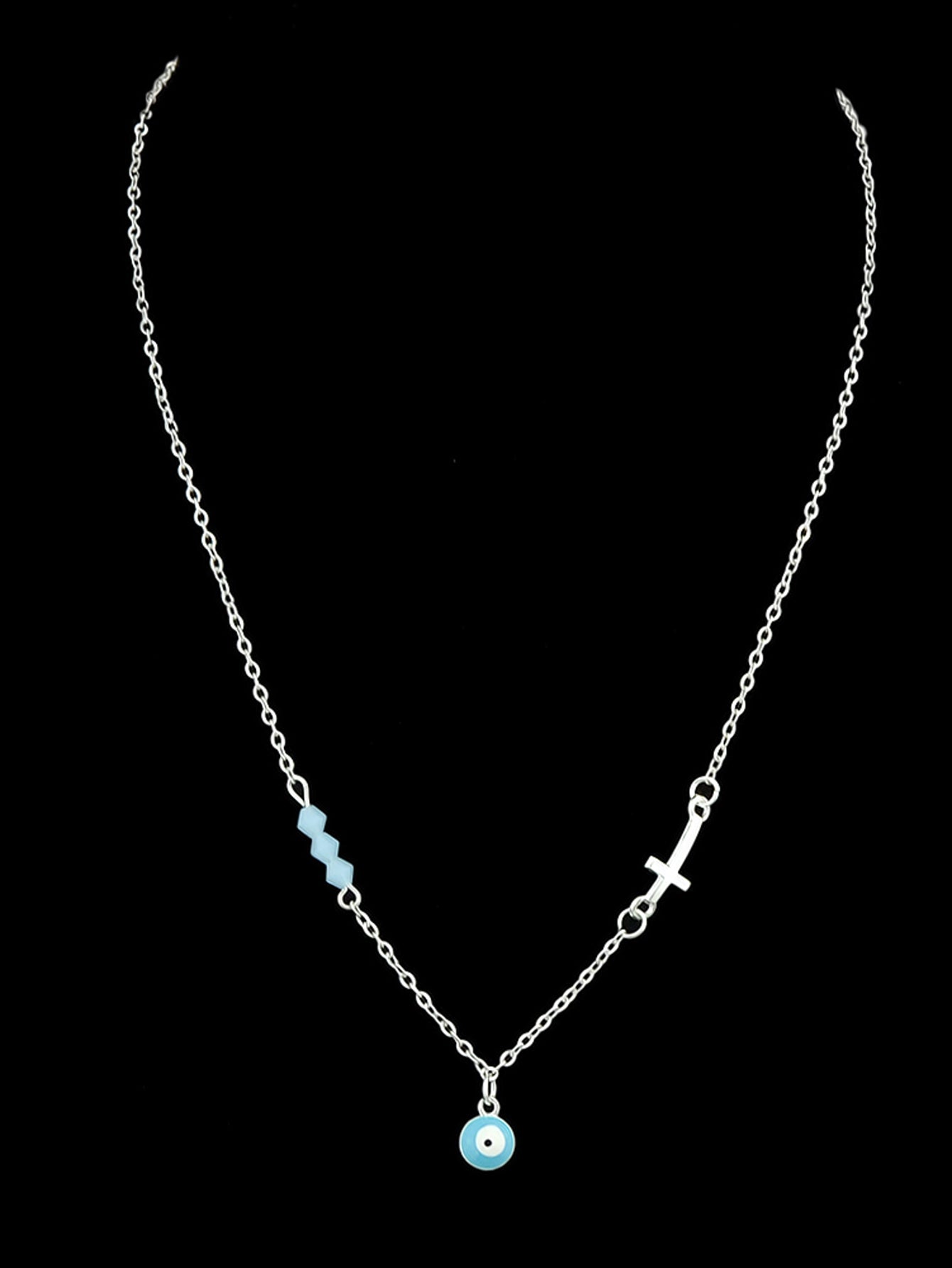 Boho Chic Chain Blue Beads Cross Round Eye Charm Necklace Girls Ethnic Jewellery